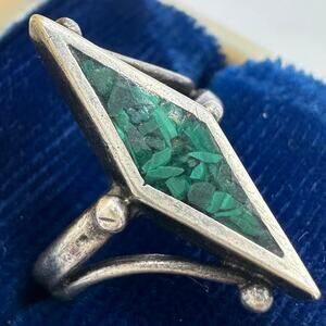 Vintage sterling silver emerald green genuine malachite chip inlay ring 5